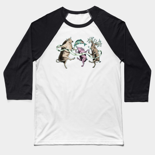 Dancing Animals - Cow Pig Fish Deer Baseball T-Shirt by Doodl